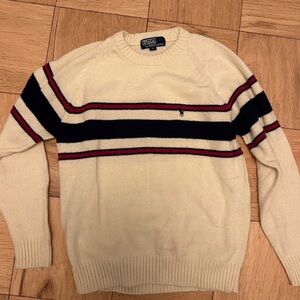 Ralph Lauren Cream Crewneck Sweater with Navy and Red Stripes